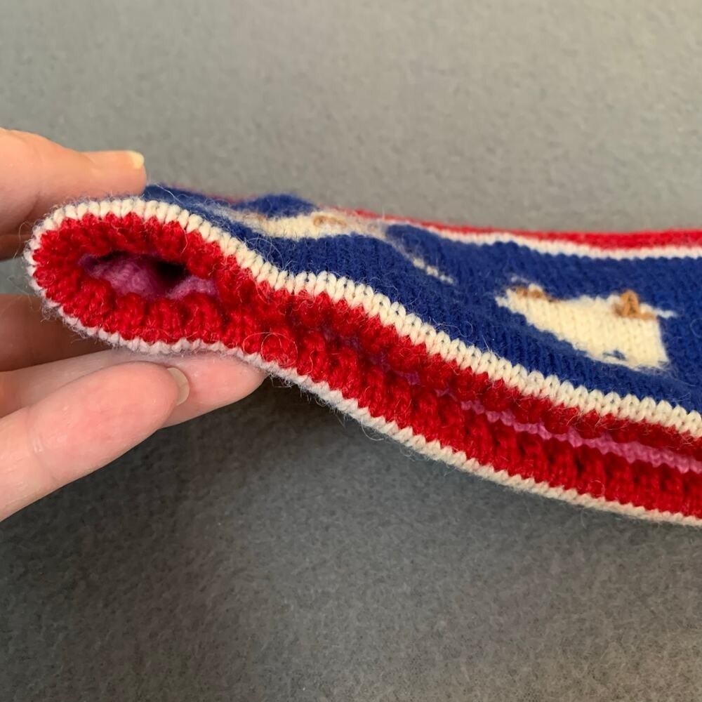 Vtg Ouisha Wool Headband Ear Warmer Hand Loomed Pink Blue Running Dogs KY USA - Picture 2 of 8